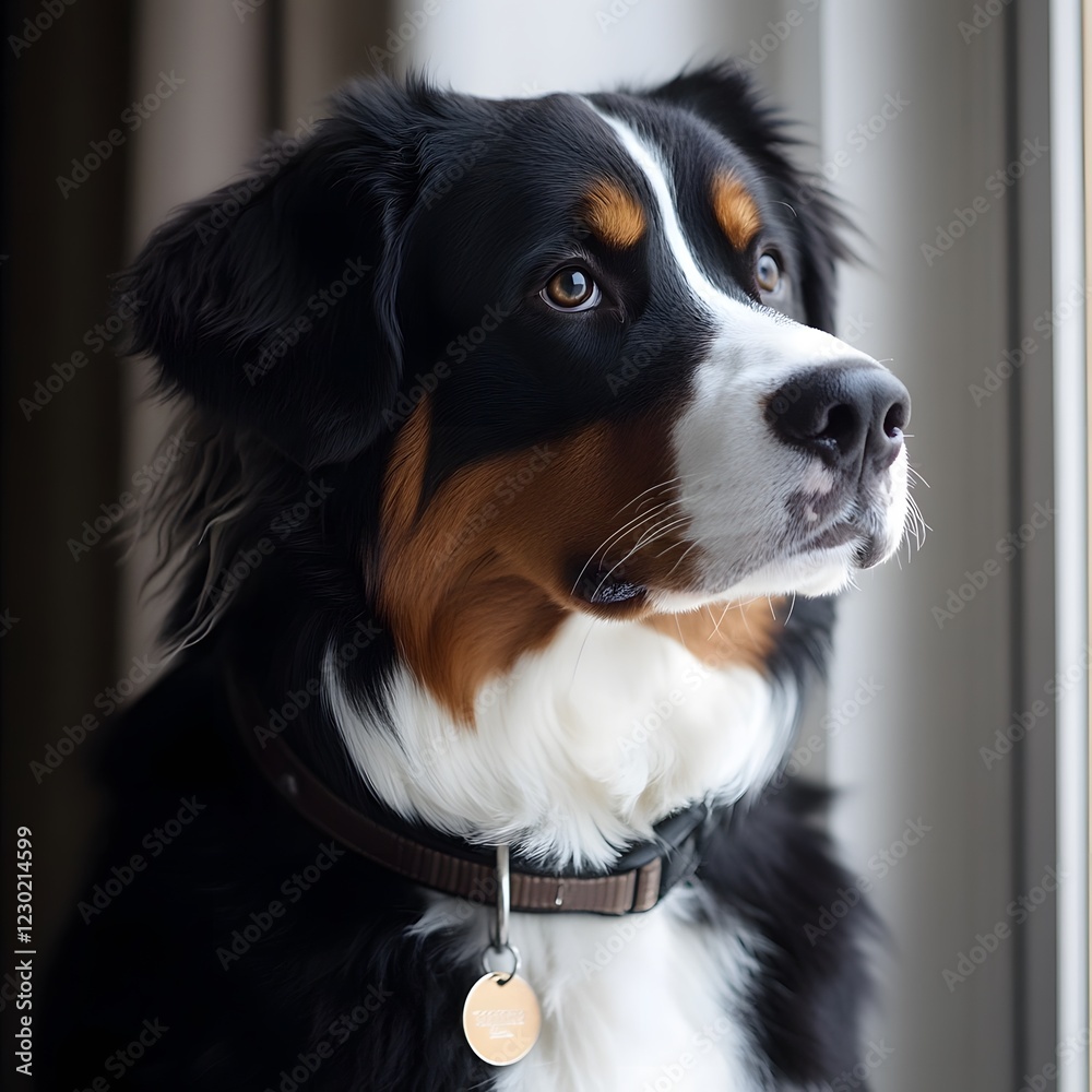 Bernese mountain dog looking out of window with isolated white background Bernese mountain dog looking out of window with isolated white background