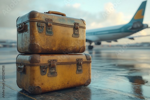 Old leather suitcases sit on an airport tarmac next to a plane during a cloudy morning