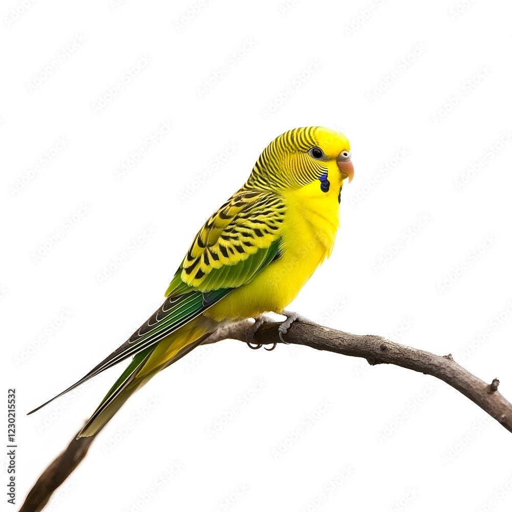 Fototapeta premium Yellow bird and parakeet perched on a branch against a white background