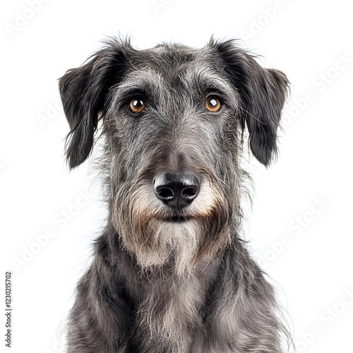 Scottish deerhound with big brown eye looking at camera isolated on white background
