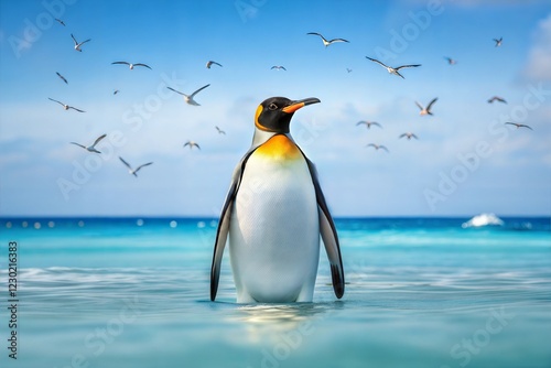 Big King penguin going to blue water, Atlantic ocean in Falkland Island, coast sea bird in the nature habitat photo