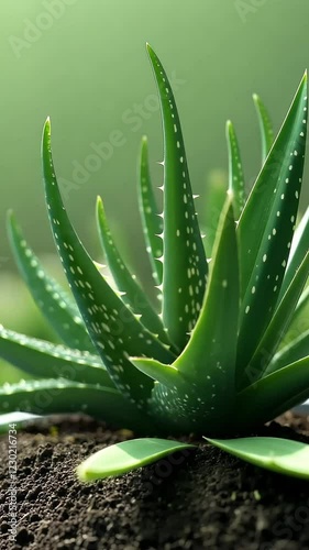 Aloe vera plant in soil, close-up, soft green background, ideal for health and beauty themes