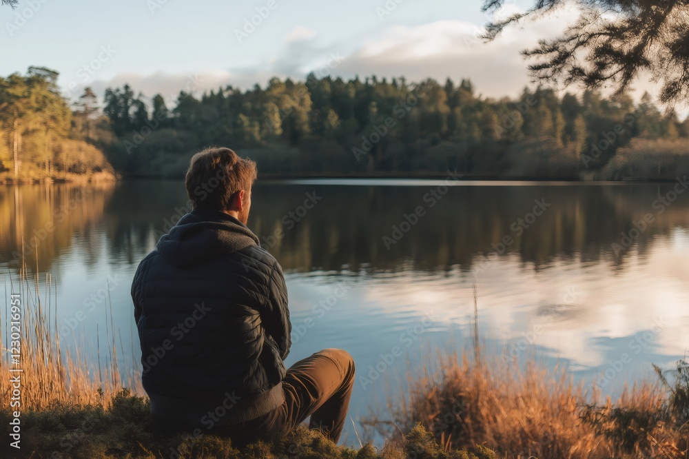 Hiker relaxing by a serene lake, soaking in the stunning sunset after an invigorating mountain hike, surrounded by nature's tranquility Hiker relaxing by a serene lake, soaking in the stunning sunset after an invigorating mountain hike, surrounded by nature's tranquility