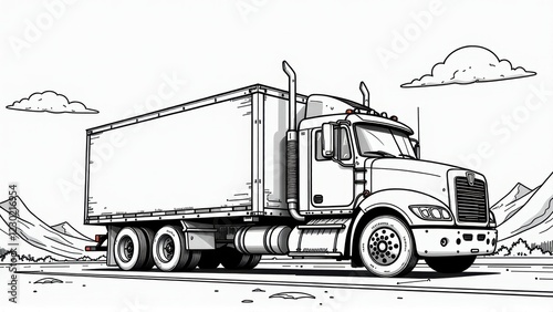 Big Rig Truck Illustration - Black and White Line Art
