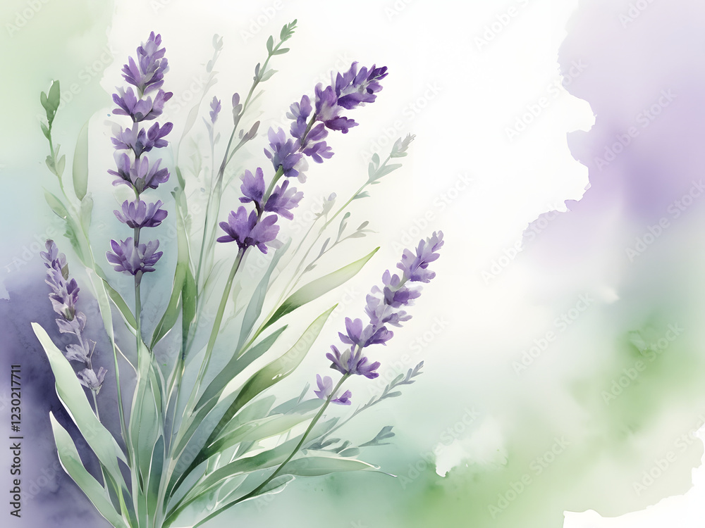 Naklejka premium Lavender in soft purple tones on a delicate watercolor background with copy space 