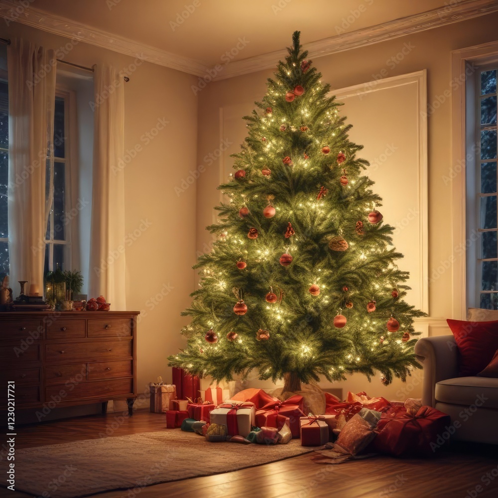 Soft focus image of a large Christmas tree in a cozy room with warm lighting, peaceful ambiance., comforting decor, illuminated Christmas tree, relaxing setting, inviting ambiance