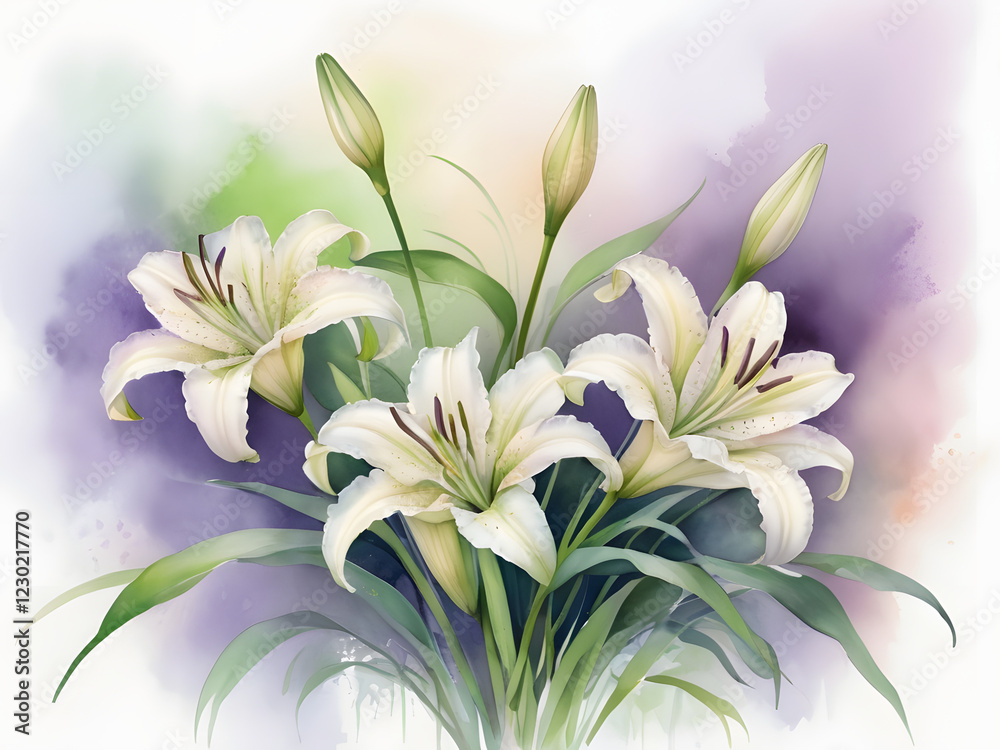 Obraz premium Lilies in soft white tones on a colorful watercolor background with copy space