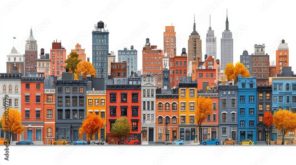Fototapeta premium Vibrant Urban Cityscape with Autumn Colors and Iconic Landmarks