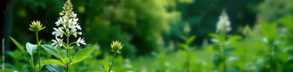 Tall black cohosh plant with white flowers and green foliage against a shaded background, flowering perennial, black cohosh, native plant Tall black cohosh plant with white flowers and green foliage against a shaded background, flowering perennial, black cohosh, native plant