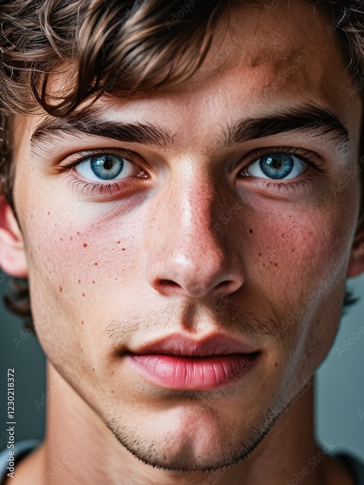 Fototapeta premium A close-up portrait of a young man with curly hair and blue eyes and looking directly at the viewer
