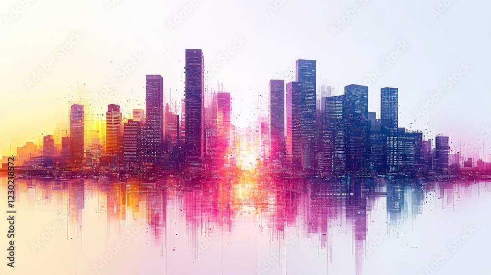 Fototapeta premium Colorful Urban Skyline at Sunset with Reflection in Water
