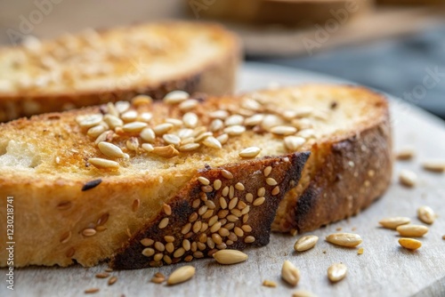Macro shot of toasted sesame seeds on roasted artesian bread, crispy, savory, crunchy