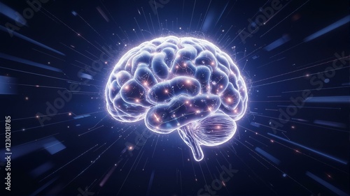 Blue glowing brain in dark space with lights.