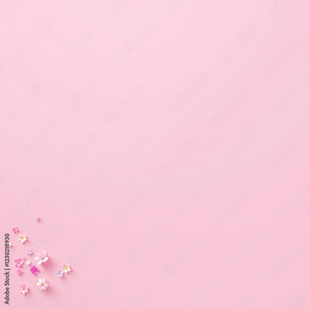 Soft pink background with a cluster of colorful flowers, greenery, botanical, pink pastel background, spring decor