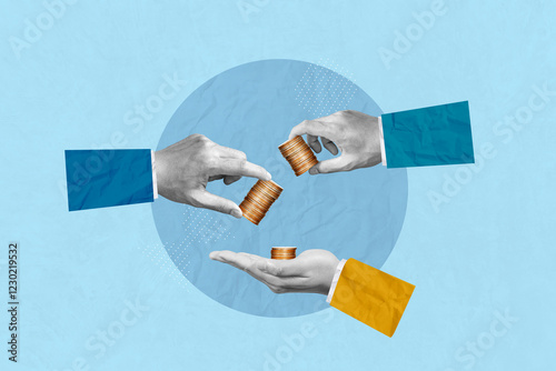 Investment, donate, donation, invest, saving moneyt, profit and savings concept. Creative art collage of hands hold coins and passes it to the other hand indicates business investment