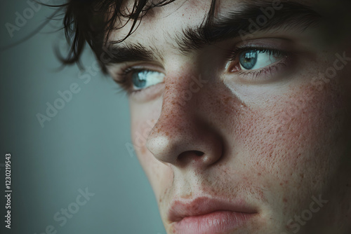 Close-up of a young person expressing emptiness and emotionless gaze, reflecting feelings of depression in subdued lighting