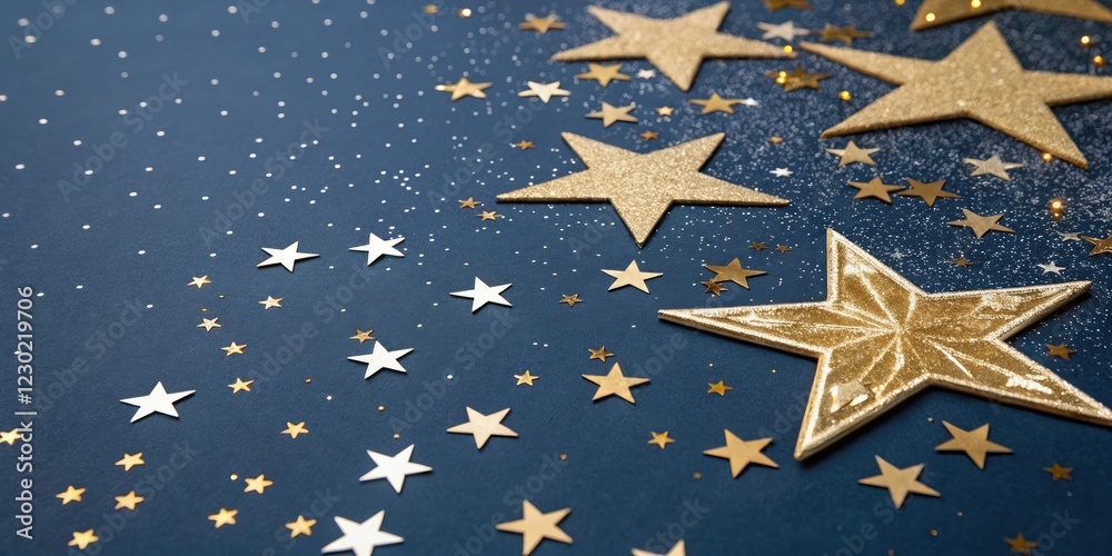 Obraz premium Sparkling stars on a dark blue background with golden hues, fiery, celestial, night sky, flashes