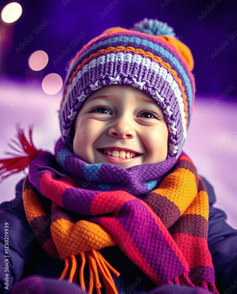 Joyful child bundled in colorful winter attire enjoying a snowy day filled with laughter and warmth under sparkling lights Joyful child bundled in colorful winter attire enjoying a snowy day filled with laughter and warmth under sparkling lights