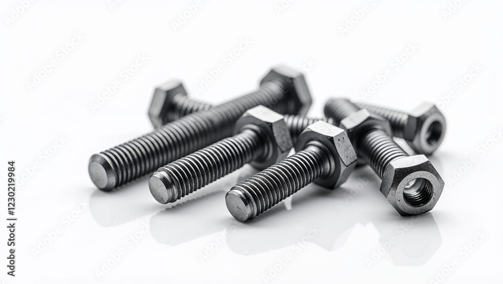 Industrial Metal Bolts and Nuts Arranged on Reflective Surface Showcasing Precision Engineering Industrial Metal Bolts and Nuts Arranged on Reflective Surface Showcasing Precision Engineering
