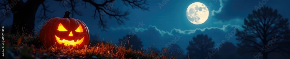 A moonlit night scene features a glowing jack o lantern in the foreground, darkness, autumn A moonlit night scene features a glowing jack o lantern in the foreground, darkness, autumn