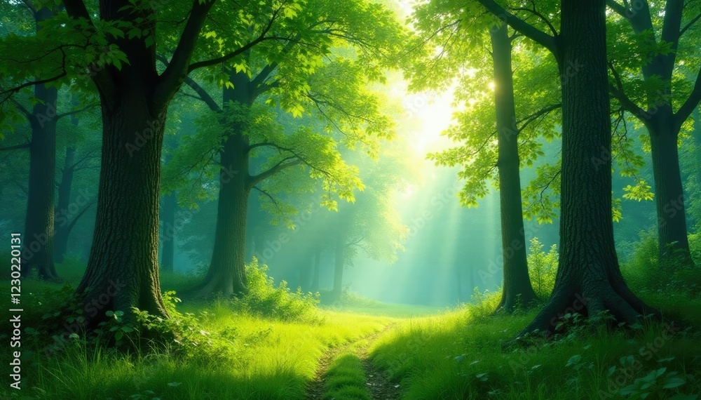 Obraz premium A peaceful forest with tall trees and a soft blue sky with dappled sunlight, natural serenity, serene woodland