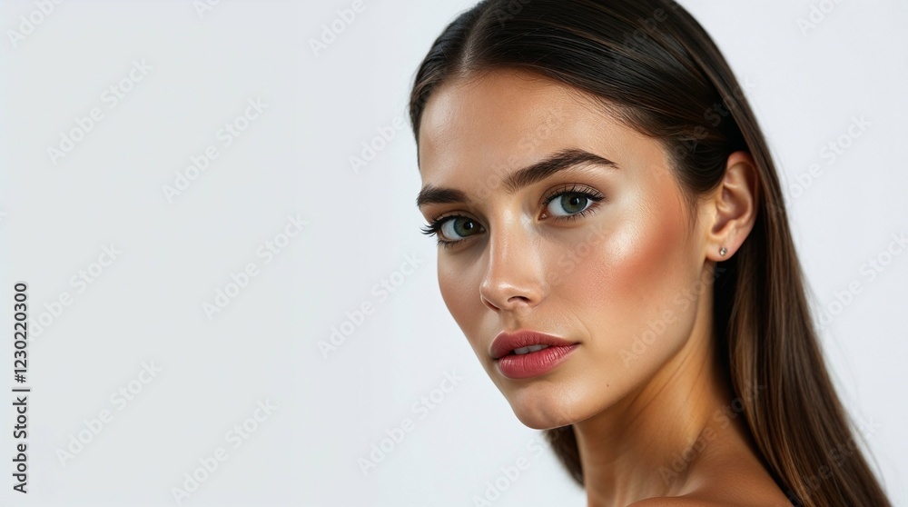 Naklejka premium Photorealistic fashion close-up portrait of a young woman with long dark hair and green eyes against a light gray background