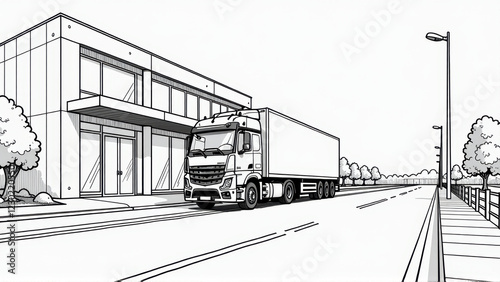 Black and White Illustration of a Truck Delivering Goods to a Modern Building