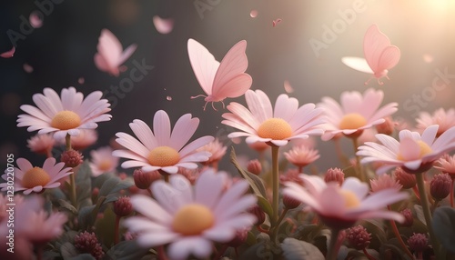 Pink Butterflies Flutter Over Delicate Pink Daisies