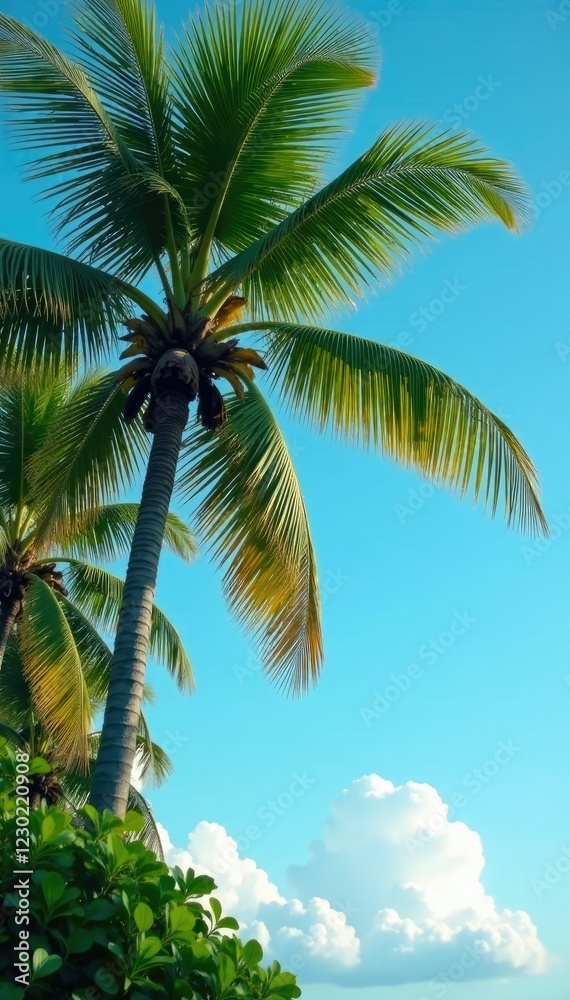 Obraz premium Coconut tree leaves rustle softly in the breeze as fluffy white clouds drift across the bright blue sky, , serenity, coconut tree