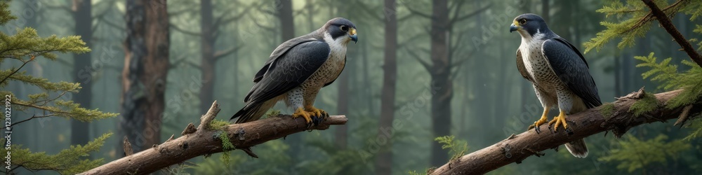 Peregrine falcon perched on a branch, looking down at the forest floor with a fish in its talons, raptor, bird of prey, branch Peregrine falcon perched on a branch, looking down at the forest floor with a fish in its talons, raptor, bird of prey, branch