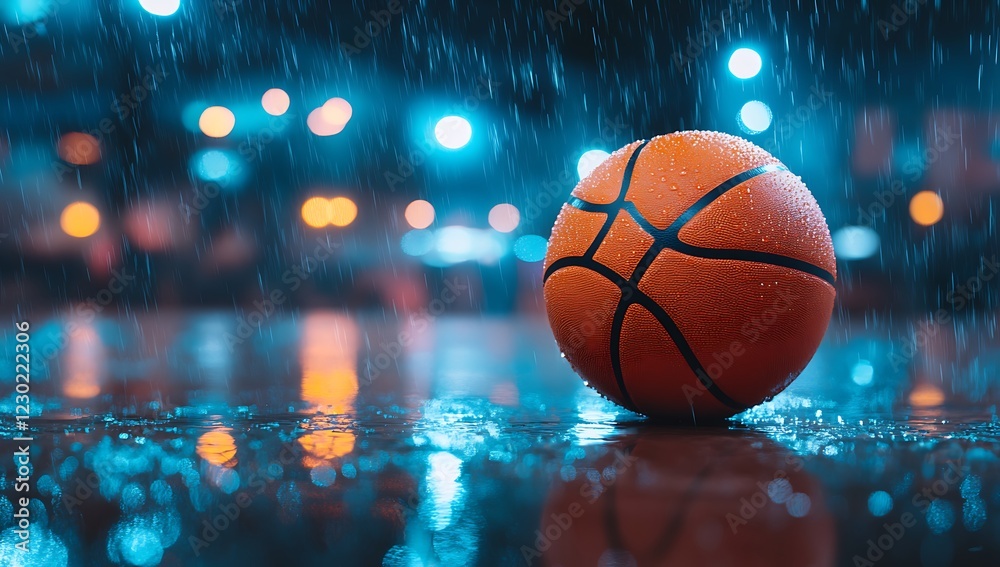 A basketball is placed on the wet ground surrounded by raindrops and blurred light A basketball is placed on the wet ground surrounded by raindrops and blurred light
