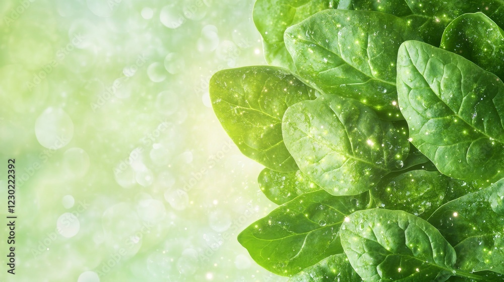 Fresh spinach leaves glowing vibrantly against an elegant backdrop with health symbols and space for text Fresh spinach leaves glowing vibrantly against an elegant backdrop with health symbols and space for text