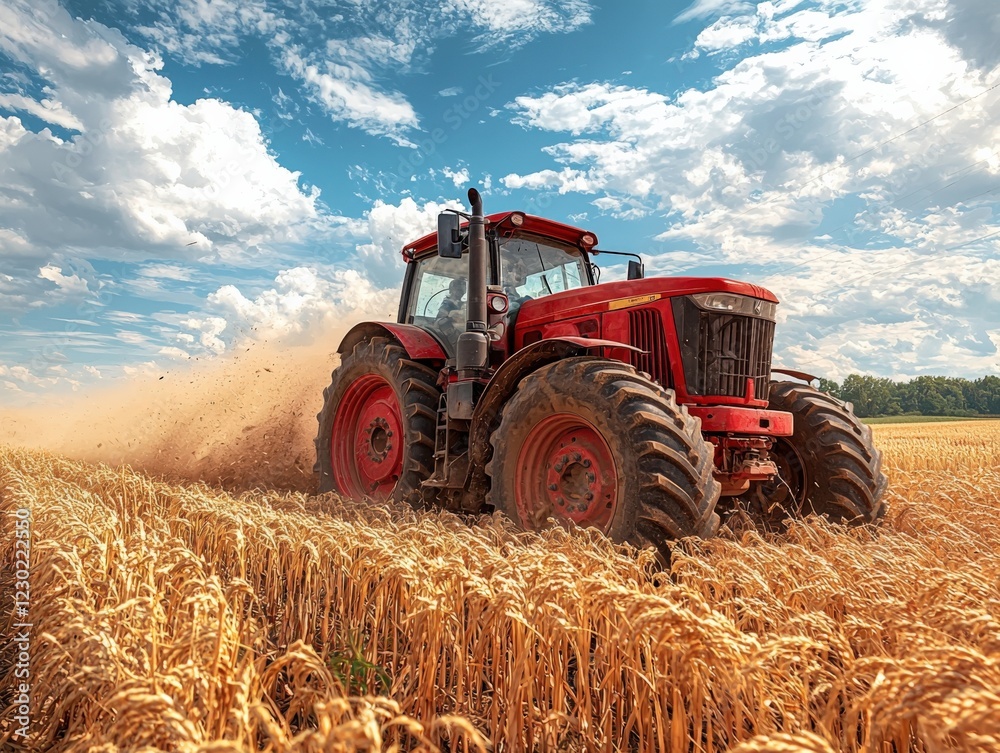 Fototapeta premium Red Tractor Plowing Golden Wheat Field under Blue Sky During Harvest