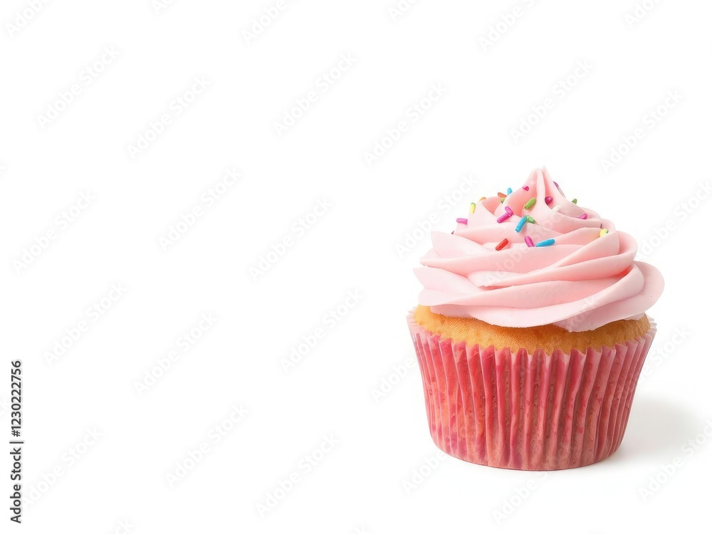 Pink cupcake with fluffy icing and sprinkles, isolated on a clean white background, white background, snack Pink cupcake with fluffy icing and sprinkles, isolated on a clean white background, white background, snack