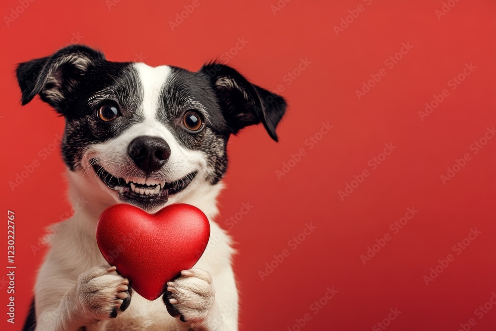 Cute pointer dog with diamond red heart - sign of love, funny greeting card. Pointer - my beloved dog. Marketing creative design. Red and pink dog photos. Valentine's dog accessories.