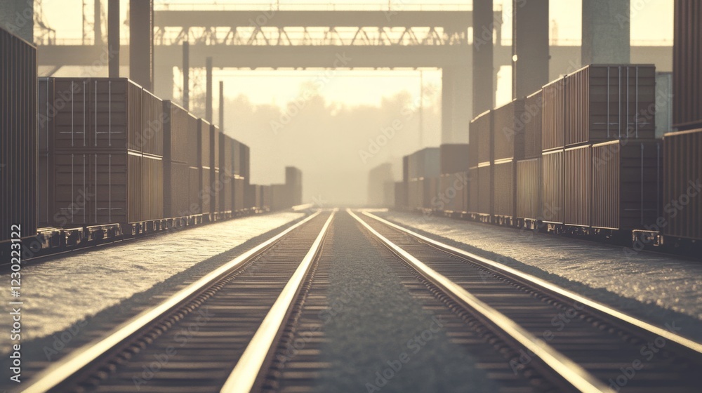 Fototapeta premium Train tracks vanishing into misty sunrise at cargo port.