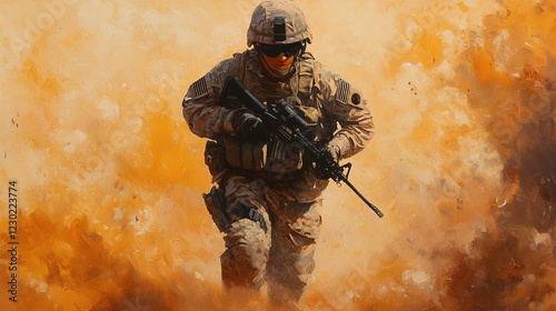 Soldier in action war zone digital art explosive environment dynamic perspective courageous spirit