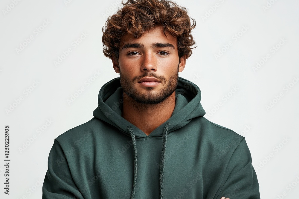 Fototapeta premium Young man in a green hoodie poses confidently against a neutral backdrop in a modern studio setting