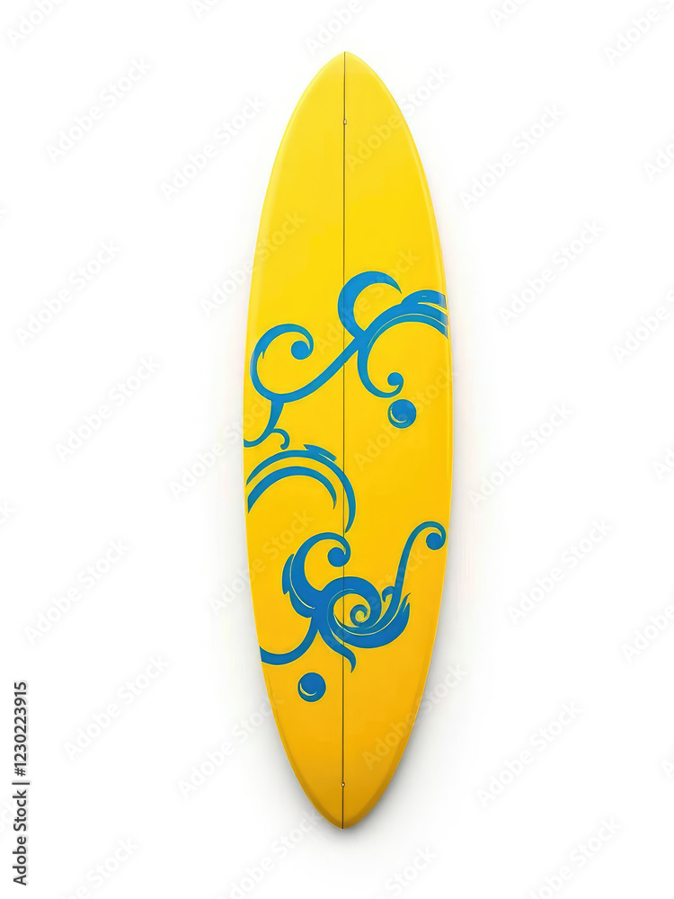 Quirky yellow surfboard with bold blue patterns on white backdrop, surfboard design ideas, summer essentials, stand out, custom surfboard, artsy Quirky yellow surfboard with bold blue patterns on white backdrop, surfboard design ideas, summer essentials, stand out, custom surfboard, artsy
