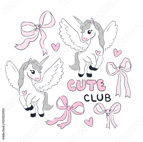 Hand Drawn Unicorn Cute Kids Illustration Vector, Trendy design for fashion graphics, t-shirt prints, posters, stickers