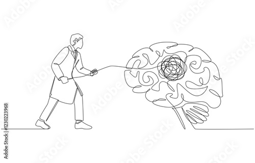 Continuous one line drawing of psychiatrist pulling tangled line out of patient's brain, psychiatric treatment concept, single line art