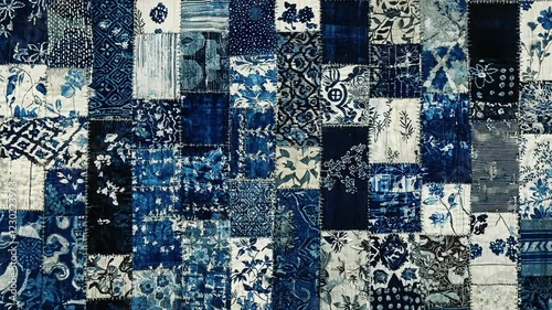 Looping stop motion animation of a patchwork indigo textile.  Features various patterns and textures. Ideal for backgrounds, crafting videos, or textile-themed projects.