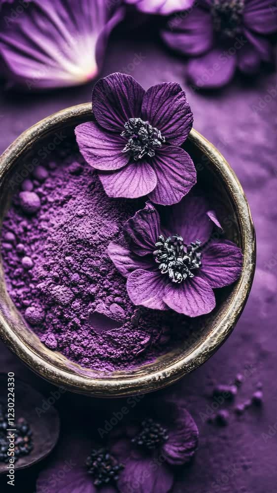Purple powder and flowers create a vibrant display in an artistic arrangement on a textured surface