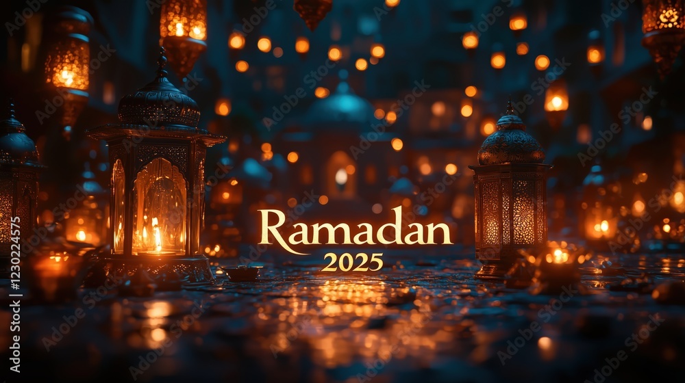 Obraz premium Ramadan Calligraphy with Lanterns and Mosque Silhouettes – 2025 Celebration in Night Cityscape
