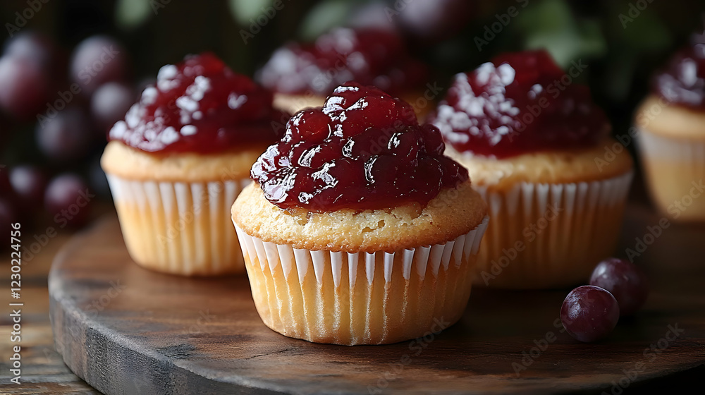 Closeup of Several Delicious Grape Jam Cupcakes on Wooden Board Closeup of Several Delicious Grape Jam Cupcakes on Wooden Board