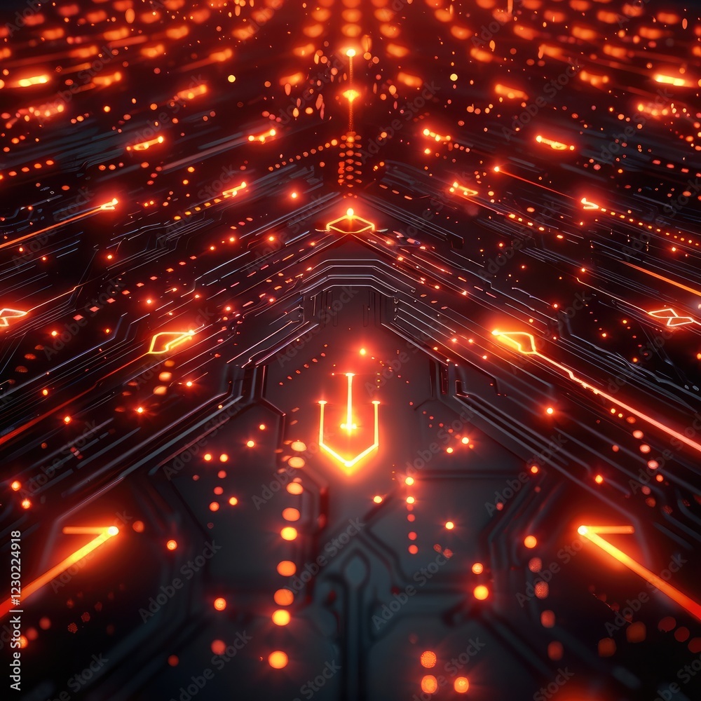 Fototapeta premium Red futuristic technology background, glowing light, pattern, arrow shape pattern, small arrow head shape patter, red color, glow.