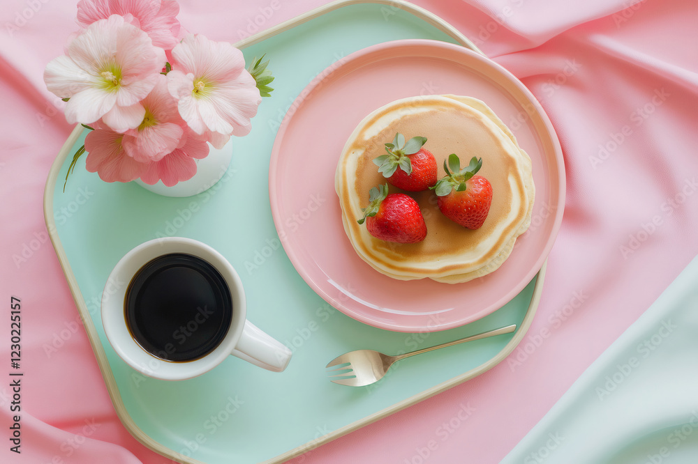 Pancakes with strawberries and a cup of coffee served on a tray for a delightful breakfast experience Pancakes with strawberries and a cup of coffee served on a tray for a delightful breakfast experience