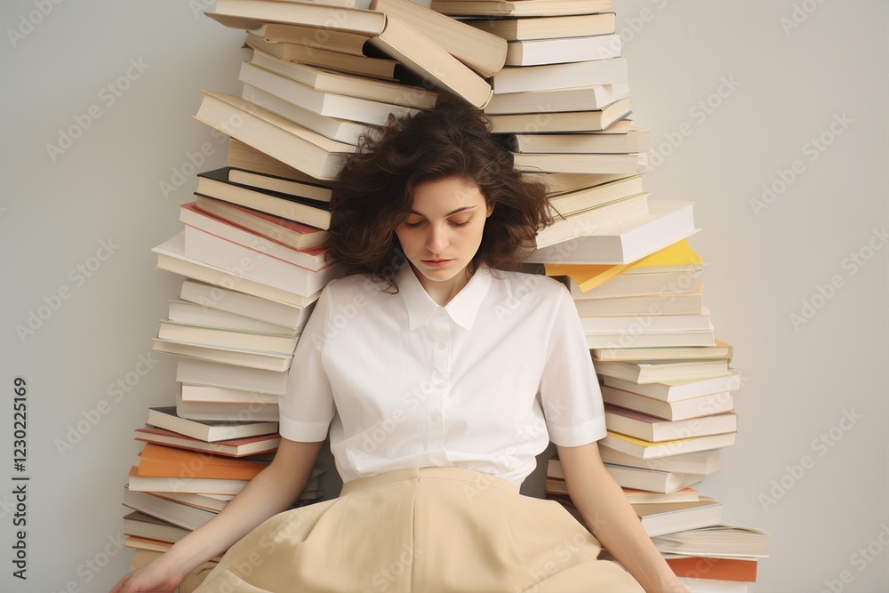 Overwhelmed student taking a nap between two towering stacks of books, representing the stress and pressure of academic studying