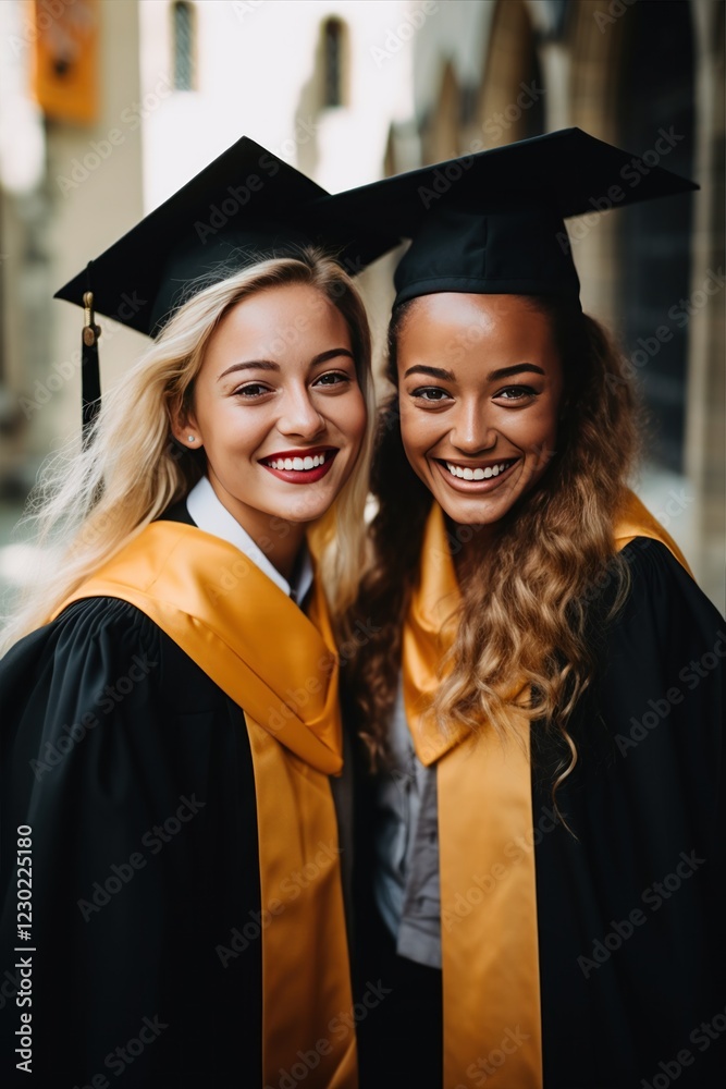 Two young women, beaming with joy in their black graduation gowns and gold stoles, happily commemorating their college graduation and the start of a new chapter Two young women, beaming with joy in their black graduation gowns and gold stoles, happily commemorating their college graduation and the start of a new chapter