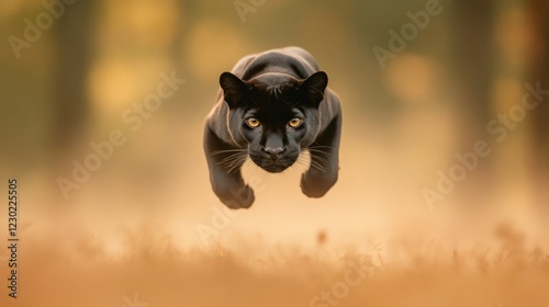 Elegant Panther Motion Sleek Black Cat in Misty Sunrise - Wildlife Preservation Imagery for Conservation Education and Eco-Tourism Branding photo